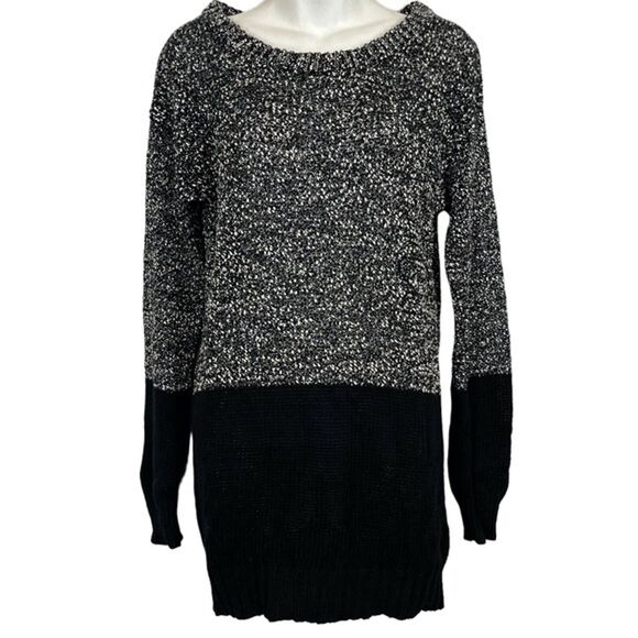 French Connection Women's 100% Cotton Tweed Long Line Gray Black Sweater sz M - Picture 1 of 12